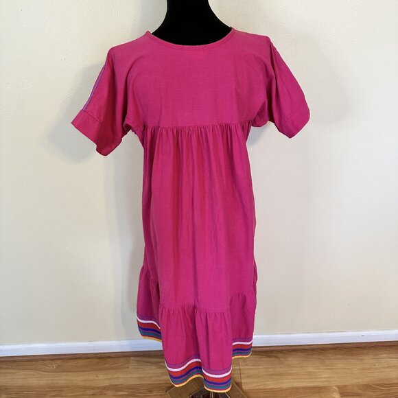 Womens Hot Pink MuMu Housedress Cotton Medium Striped Embroidered Pockets Midi - Picture 2 of 9